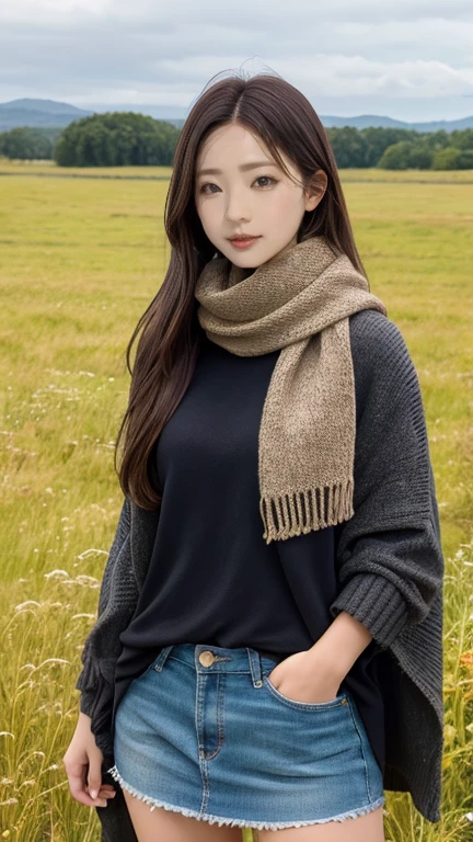 8K, Highest quality, masterpiece, Realistic, Super detailed, photo Realistic, Improvement of quality, Photo of a girl standing in a field wearing a scarf, The designer&#39;s dark and gloomy style, Large chunk, Photobash, Calm face, Jagged Edges, navy, Natural Beauty, Close-up shot