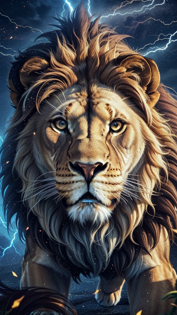 Lion, Divine Lion, majestic, comely, fire, villany,  thunder, Sky thunder, stele, photorrealistic 6K, UltraHD Detailed, detailed colors 8K, Lion Elegante, floor, stele, lightning strikes, heavens, céu Godlike, tempest, Towards the heavens, Detailed Realistic Lion, Photorealistic Lion, golden lion, 16K UltraHD, heavenly, Godlike, photorrealistic, Rendering, 4K, 8K, detailed textures, detailed shadows, padoru, detailed colors, God&#39;s Heaven, UltraHD 16K Details, 16k texturas photorrealistics, detailed sharpness 16K, detailed sharpness, detailed colors, realistic shadows, Ultra realistic textures, high power, Natural Beauty, natural colors, realistic contrast, Texturas photorrealistics, detailed colors, lifelike colors, detailed shadows, luminous face, villany, Detailed face 4k, ultra detaild, contraste realista de 8K, detailed sharpness, cores Ultra HD, chic,