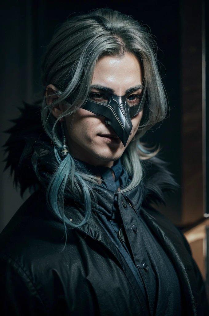 In realistic painting portrait of high quality and detail, Dottore (Genshin Impact), 2000's movie style, 1man, full body, 30-year-old man, sharp features, detailed face, evil smiling expression, He has long blue hair and wears a black pointed mask covering his eyes. He is wearing a white coat with silver inserts over a blue shirt and loose black trousers. There are a lot of black belts and blue details on the clothes. Dottore wears black fur, which is attached to the right shoulder pad, resembling a plague doctor mask, dark and moody lighting, portrait, contrasting colors, subtle shadows, mysterious atmosphere, outdoors, desert on the background, He's stands on dunes, (ultra-high detail:1.2), Masterpiece, Best Quality, Ultra-detailed, Cinematic lighting, 8K, delicate features, cinematic, 35 mm lens, f/1.9, highlight lighting, global lighting –uplight –v 4, Cinematic lighting, 8K, high quality, Highest Quality, (Solo Focus), (extremly intricate:1.3), (Realistic), masterful, Analog style, (Film grain:1.5), (warm hue, cold tone), Mystical powers, fantasy, Depth & Perspective, movie style, dark and mysterious atmosphere, 