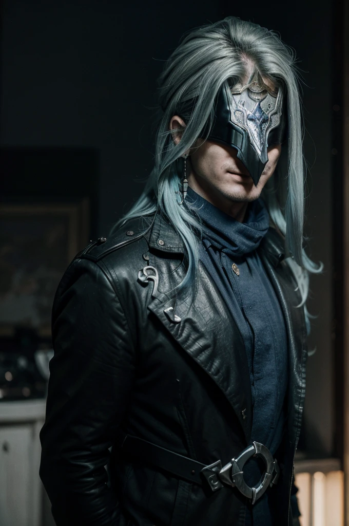 In realistic painting portrait of high quality and detail, Dottore (Genshin Impact), 2000's movie style, 1man, full body, 30-year-old man, sharp features, detailed face, evil smiling expression, He has long blue hair and wears a black pointed mask covering his eyes. He is wearing a white coat with silver inserts over a blue shirt and loose black trousers. There are a lot of black belts and blue details on the clothes. Dottore wears black fur, which is attached to the right shoulder pad, resembling a plague doctor mask, dark and moody lighting, portrait, contrasting colors, subtle shadows, mysterious atmosphere, outdoors, desert on the background, He's stands on dunes, (ultra-high detail:1.2), Masterpiece, Best Quality, Ultra-detailed, Cinematic lighting, 8K, delicate features, cinematic, 35 mm lens, f/1.9, highlight lighting, global lighting –uplight –v 4, Cinematic lighting, 8K, high quality, Highest Quality, (Solo Focus), (extremly intricate:1.3), (Realistic), masterful, Analog style, (Film grain:1.5), (warm hue, cold tone), Mystical powers, fantasy, Depth & Perspective, movie style, dark and mysterious atmosphere, 