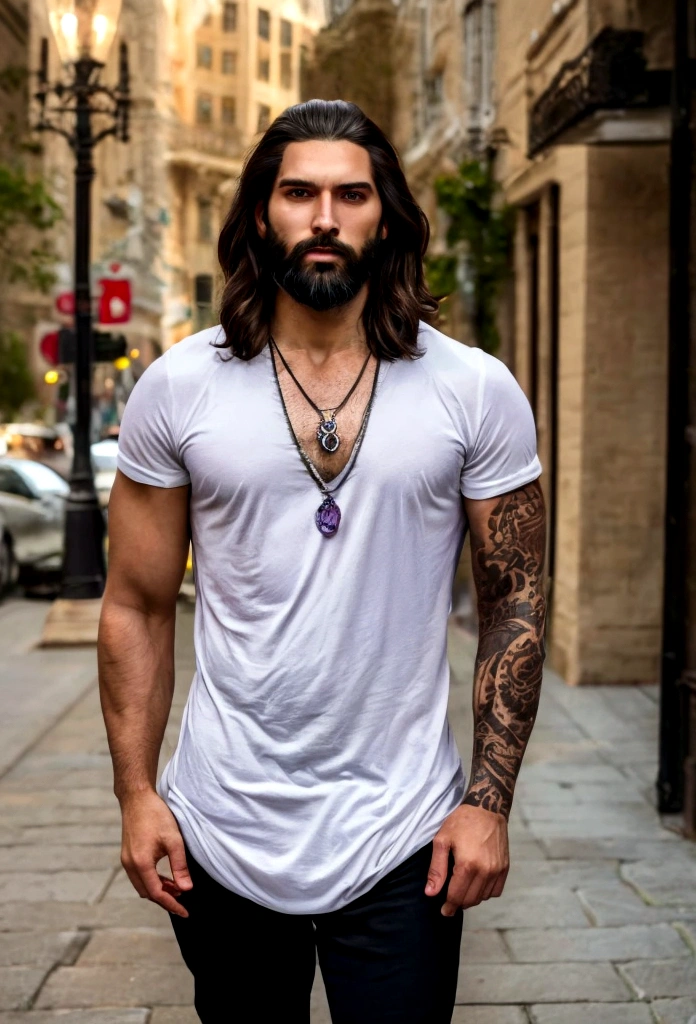 best quality,4k,8k,Altas,master part:1.2),ultra-detalhado,(Realistic,fotorrealista,photo-realistic:1.37),jesus cristo,estilo de arte tradicional,vivid and realistic,modern city,Chicago,Charismatic expression,postura humilde,modern interpertation,Noble Features,finely detailed facial features,dynamic compositing,Paradisiacal scenery,olhar confiante,,ambiente com Luz do sol dourada iluminando a cena,aura de angelical,atmosphric perspective,Explosive lighting, Jesus the man, racially ambiguous, loving, eyeliner, brown skin, crystal pendant,new age, tattoos, very realistic, two arms, amethyst necklace, white opal ring, a man with a beard, wearing modern spiritual tunic