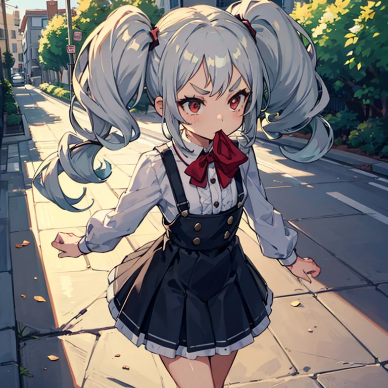 Young girl with grey hair, ((fringed and curly hair)),((curly short twintail)), curly hair ,(red eyes),, ((small bushy eyebrows)), wearing gothic lolita clothing, lolicon , walking to school, bored look, bored face, girl sucking penis cum bubbling out her mouth, in a street, girl giving a deepthroat blowjob to male, multiple vignettes