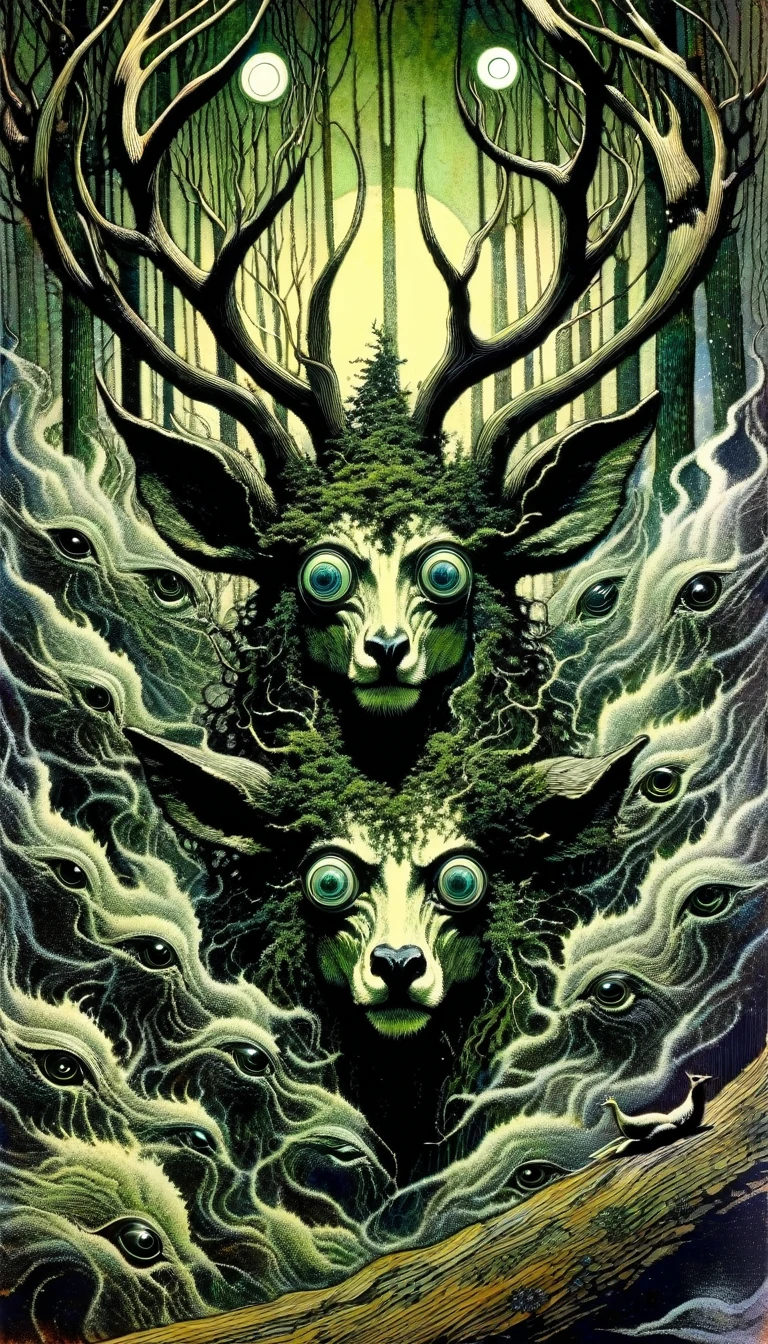 (scratch art style), (Arthur Rackham:1.3), (Paul Signac:1.4), (virgin forest:1.5), (Shinto:1.2), (eerie:1.2), (Giant Deer God:1.3), (three eyes:1.6), (smoke:1.2), roar, fearless smile, tattoo, swell, moss-covered, Flock of birds, moon, (perfect anatomy:1.3), ((master piece)), (ultra-detailed:1.2), (detailed light)(simple oil painting in a style to Bill Sienkiewicz)