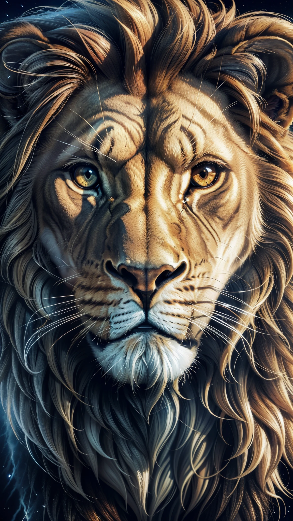 Lion, Divine Lion, majestic, comely, fire, villany, thunder, Sky thunder, stele, photorrealistic 6K, UltraHD Detailed, detailed colors 8K, Lion Elegante, floor, stele, lightning strikes, heavens, céu Godlike, tempest, Towards the heavens, Detailed Realistic Lion, Photorealistic Lion, golden lion, 16K UltraHD, heavenly, Godlike, photorrealistic, Rendering, 4K, 8K, detailed textures, detailed shadows, padoru, detailed colors, God's Heaven, UltraHD 16K Details, 16k texturas photorrealistics, detailed sharpness 16K, detailed sharpness, detailed colors, realistic shadows, Ultra realistic textures, high power, Natural Beauty, natural colors, realistic contrast, Texturas photorrealistics, detailed colors, lifelike colors, detailed shadows, luminous face, villany, Detailed face 4k, ultra detaild, contraste realista de 8K, detailed sharpness, cores Ultra HD, chic,