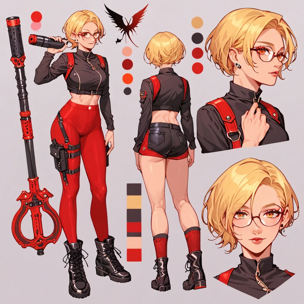 score_9, score_8_up, score_7_up, score_6_up, score_5_up, score_4_up, BREAK source_anime, 1girl, short blonde hair, thin rimmed glasses, wearing a black cropped long sleeve shirt, long red leggings, her ears are pierced, she's wearing combat boots Creative design, full body, Reference sheet, Character sheet, tokyo revengers style