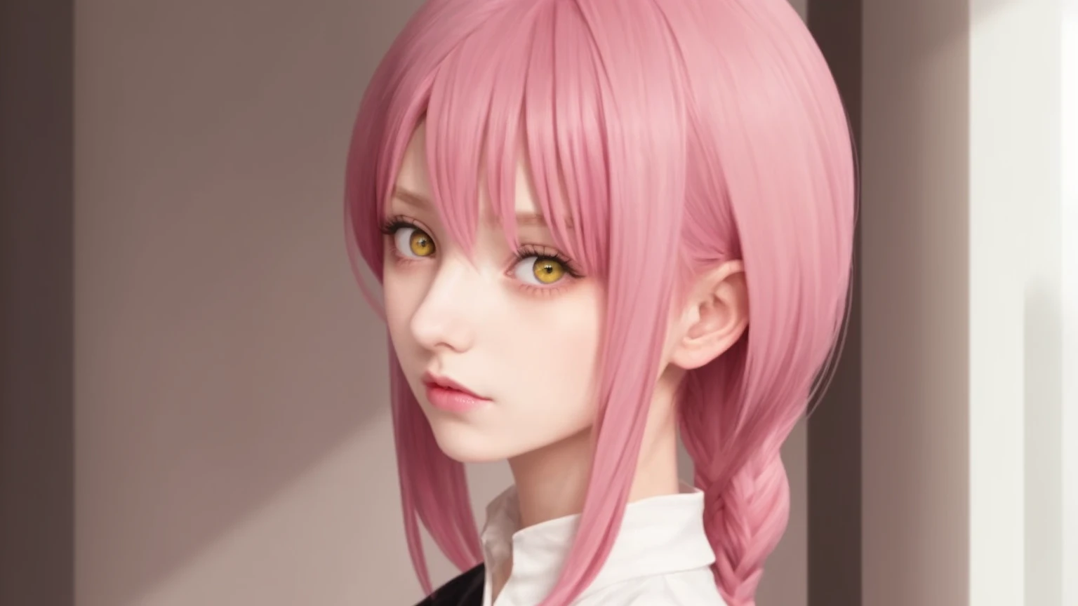 a girl with pink hair, yellow eyes