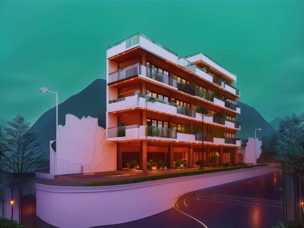 3D render of a beautiful house, Dark, gray tones, white wall. lumion render, night time render, insanely detailed rendering, realistic architecture, architectural visualization. The house is adorned with elegant lighting and plants to enhance its exterior appearance in a Vietnam city street. The staircase leading into the house is tiled with black marble and has bright LED lights. Behind are hills and mountains with clear blue sky. balcony with green plants. The main door is made of black aluminum and glass reaching up to the ceiling. Looking through the glass windows to look inside the house with luxurious interiors with luxurious and warm lights, interior lighting rendering and lighting effects. marble and wood and glass, dark and modern, luxcore render, taken with professional photography techniques, using a wide angle lens with bright natural light and high resolution details, in the style of professional photograph, hyper realistic, highly detailed.