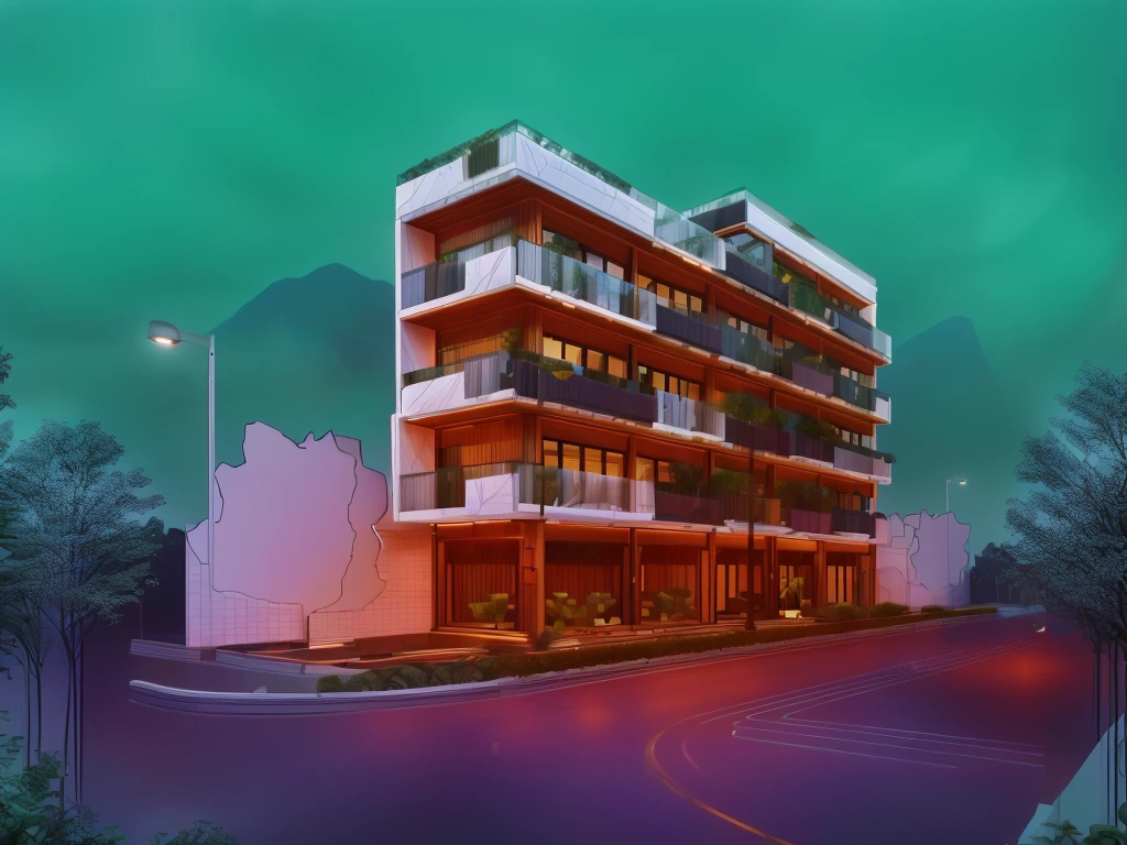 3D render of a beautiful house, Dark, gray tones, white wall. lumion render, night time render, insanely detailed rendering, realistic architecture, architectural visualization. The house is adorned with elegant lighting and plants to enhance its exterior appearance in a Vietnam city street. The staircase leading into the house is tiled with black marble and has bright LED lights. Behind are hills and mountains with clear blue sky. balcony with green plants. The main door is made of black aluminum and glass reaching up to the ceiling. Looking through the glass windows to look inside the house with luxurious interiors with luxurious and warm lights, interior lighting rendering and lighting effects. marble and wood and glass, dark and modern, luxcore render, taken with professional photography techniques, using a wide angle lens with bright natural light and high resolution details, in the style of professional photograph, hyper realistic, highly detailed.