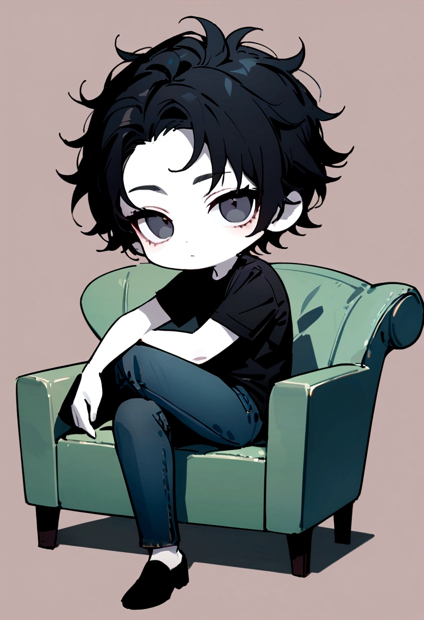 best quality, full body, looking at viewer, on the couch, 1 man, pale skin, chibi, black hair, very short hair, messy hair, clear face, t-shirt, jacket, jeans, crossed legs, simple background,