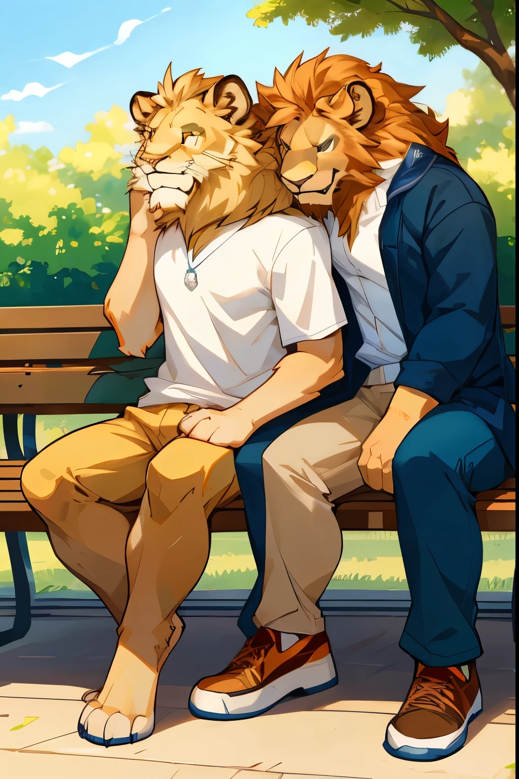 Two lions sitting on a bench in a park one of the lions is taller than the other one leaning slightly leaning his head on the other lion's shoulder (el leon1 alto que sea fuete and musculoso)and,(the lion2 who has his head lying on the shoulder of the tall lion who is chubby) con una linda sonrisa que vean completos and bien echos (lion 2 make it short) (leon 1 mas alto que leon 2 and fuerte )