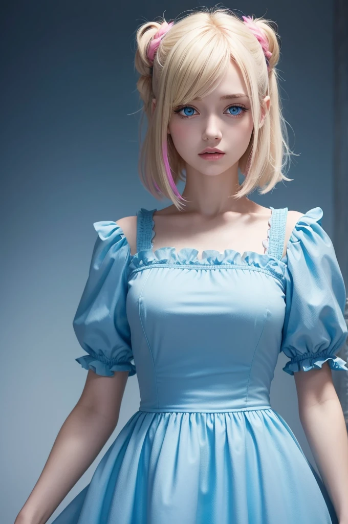 Female character from Fun Mind 2 Sadness with blonde hair, half green, blue eyes, wearing a blue dress with pink edges