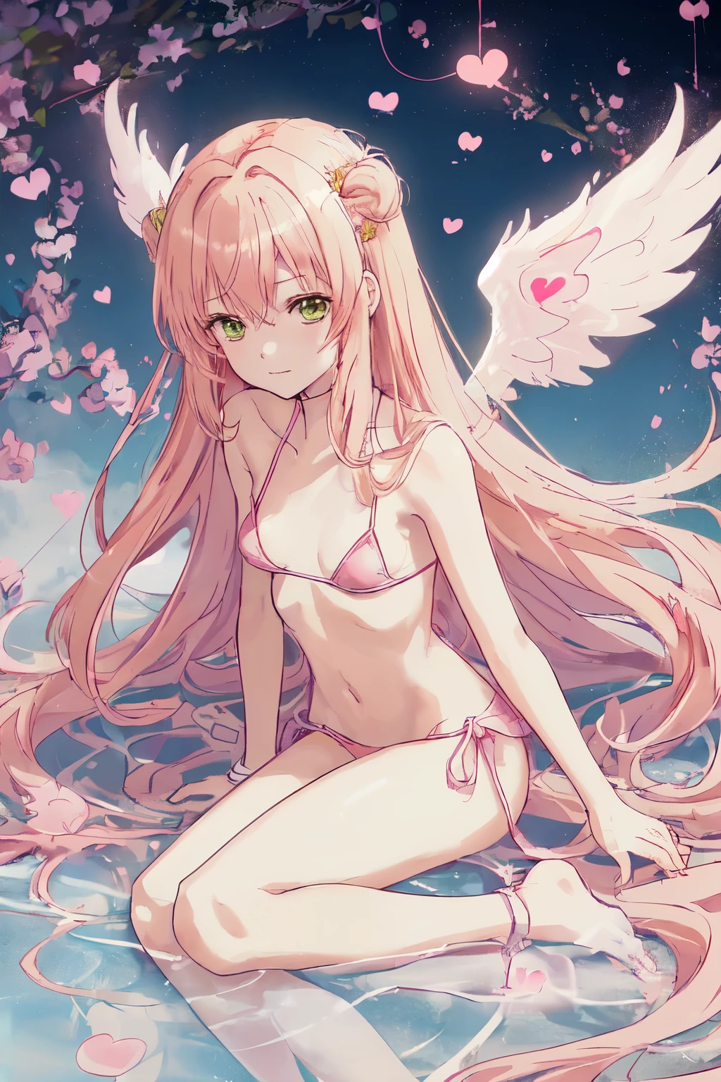 1_girl, (anime, kawai:2), (masterpeice, best_quality, clean:1.5), (sky_background:1.2), (cute, cute_smile, young:1.5), (delicate, extremely_delicate, beautiful, thin:1.5), (girlfriend, angel:1.8), (green_eyes, simple_eyes:1.8) (long_hair, blond_hair, wearing_pink_dress, pink_angel_wings, sexy_gloves:1.5), extremely_delicate, (love_magic:1.5), (age_size_fits_body), (small_thighs:1.3), (breasts), (eye_level:1.3), (heart_magic, love:1.5), (folded_legs:1.5), (combat:1.5), (bikini:1.5)