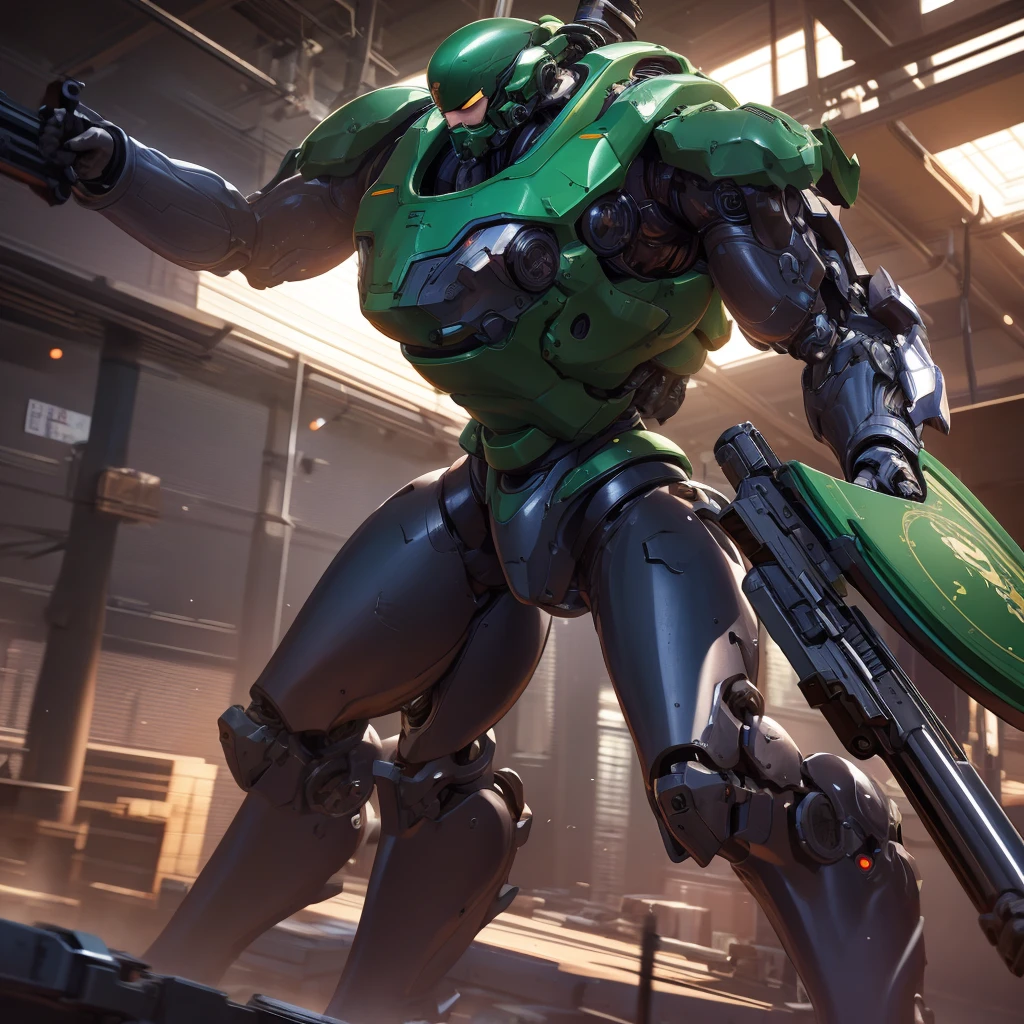 Biological mech holding a shotgun. He carried a sawed-off shotgun and a heavy-caliber pistol.. The twig-like thrusters on its back.(A more rounded and smooth body shape, Green shield: 1.5).  extremely detaild, 4k UHD, HDR, naturallight, cinematic lighting, masterpiece-anatomy-perfect, ultra hd, Space Combat, battlefield, raw photo, metallic, ultra-fine painting, perfect body proportions, anatomically correct, real texture material, Anti-aliasing, THAI, SSAO, Post processing, Post Production, Tone Mapping, cgi, VFX, SFX, Hyper maximalist, ultra photorealultra-detailed intricate details.