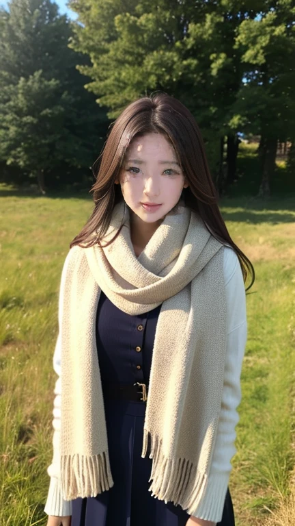 8K, Highest quality, masterpiece, Realistic, Super detailed, photo Realistic, Improvement of quality, Photo of a girl standing in a field wearing a scarf, The designer&#39;s dark and gloomy style, Large chunk, Photobash, Calm face, Jagged Edges, navy, Natural Beauty, Close-up shot