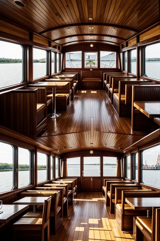 On a plot of land, places a restaurant on the second floor of the house in the shape of a barge-type boat cabin
