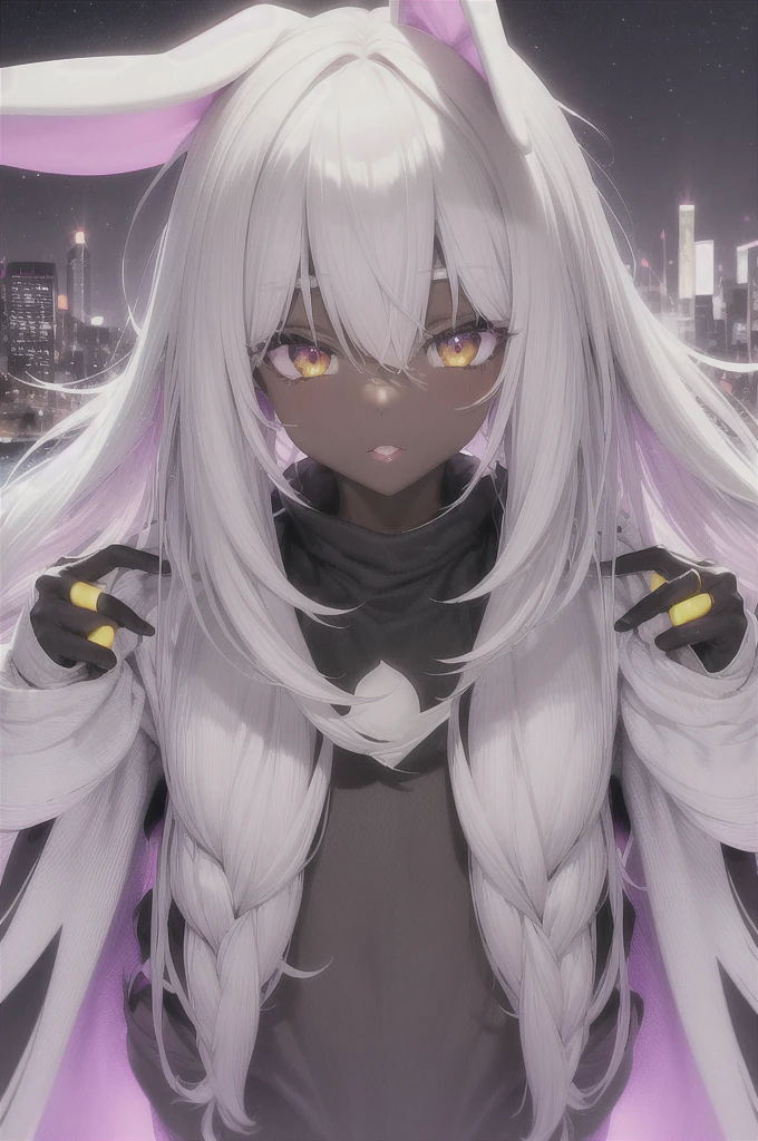 Cute dark skin , bunny ears , white hair with purple accents, yellow eyes , ice , night city