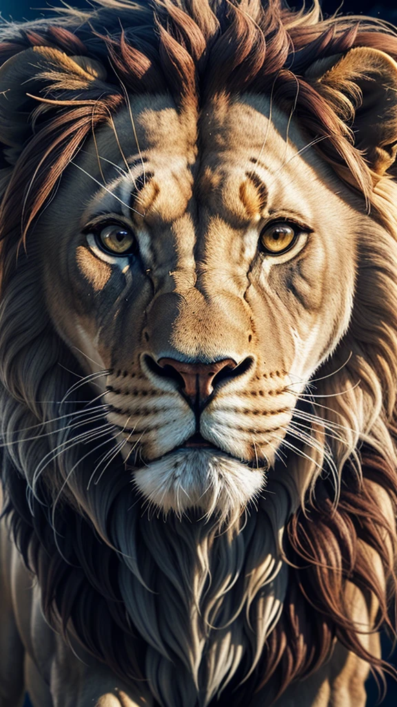 Lion, Divine Lion, majestic, comely, fire, villany,  thunder, Sky thunder, stele, photorrealistic 6K, UltraHD Detailed, detailed colors 8K, Lion Elegante, floor, stele, lightning strikes, heavens, céu Godlike, tempest, Towards the heavens, Detailed Realistic Lion, Photorealistic Lion, golden lion, 16K UltraHD, heavenly, Godlike, photorrealistic, Rendering, 4K, 8K, detailed textures, detailed shadows, padoru, detailed colors, God&#39;s Heaven, UltraHD 16K Details, 16k texturas photorrealistics, detailed sharpness 16K, detailed sharpness, detailed colors, realistic shadows, Ultra realistic textures, high power, Natural Beauty, natural colors, realistic contrast, Texturas photorrealistics, detailed colors, lifelike colors, detailed shadows, luminous face, villany, Detailed face 4k, ultra detaild, contraste realista de 8K, detailed sharpness, cores Ultra HD, chic,