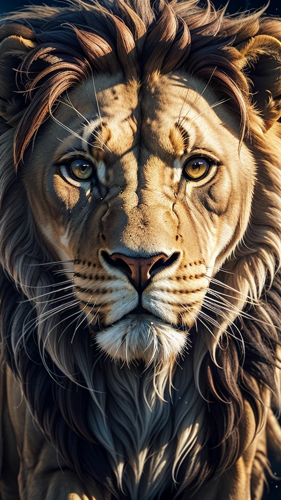 Lion, Divine Lion, majestic, comely, fire, villany,  thunder, Sky thunder, stele, photorrealistic 6K, UltraHD Detailed, detailed colors 8K, Lion Elegante, floor, stele, lightning strikes, heavens, céu Godlike, tempest, Towards the heavens, Detailed Realistic Lion, Photorealistic Lion, golden lion, 16K UltraHD, heavenly, Godlike, photorrealistic, Rendering, 4K, 8K, detailed textures, detailed shadows, padoru, detailed colors, God&#39;s Heaven, UltraHD 16K Details, 16k texturas photorrealistics, detailed sharpness 16K, detailed sharpness, detailed colors, realistic shadows, Ultra realistic textures, high power, Natural Beauty, natural colors, realistic contrast, Texturas photorrealistics, detailed colors, lifelike colors, detailed shadows, luminous face, villany, Detailed face 4k, ultra detaild, contraste realista de 8K, detailed sharpness, cores Ultra HD, chic,