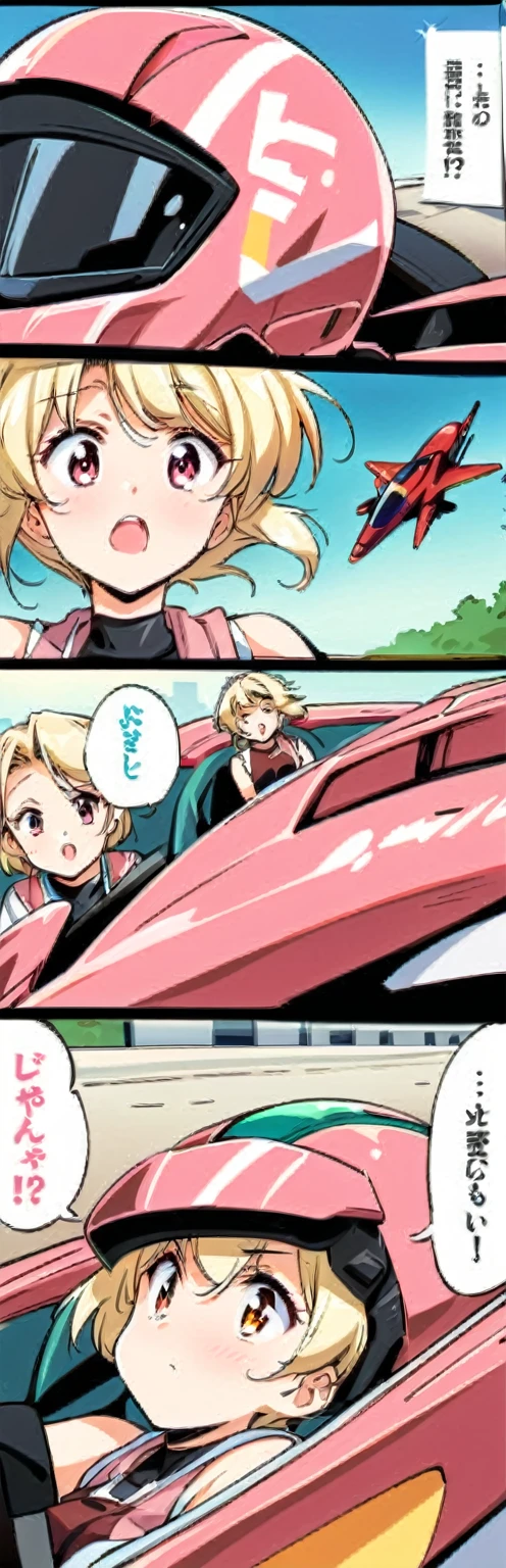 (Masterpiece, Best Quality:1.2), 1 girl, Blonde , short hair,negro sleeveless short vest,pink skirt,negro, pilot, jet hariere, f18, woman helmet, casco pilot, beautiful, driving jet, driving, airport, comic, Manga