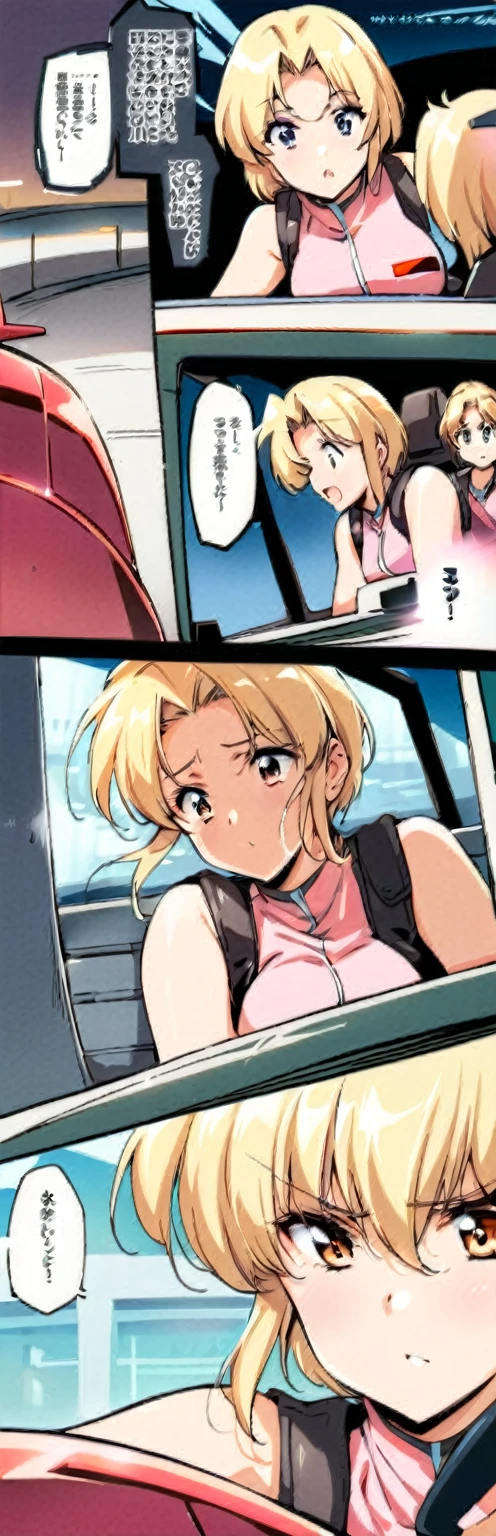 (Masterpiece, Best Quality:1.2), 1 girl, Blonde , short hair，negro sleeveless short vest，pink skirt，negro, pilot, jet hariere, f18, woman helmet, casco pilot, beautiful, driving jet, driving, airport, comic, Manga