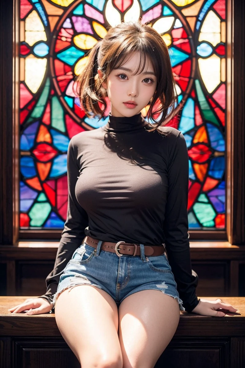 Beautiful Japanese Waifu, early 30s, brunette hair, tight shirt, short jeans, sitting in front of a church stained glass windows