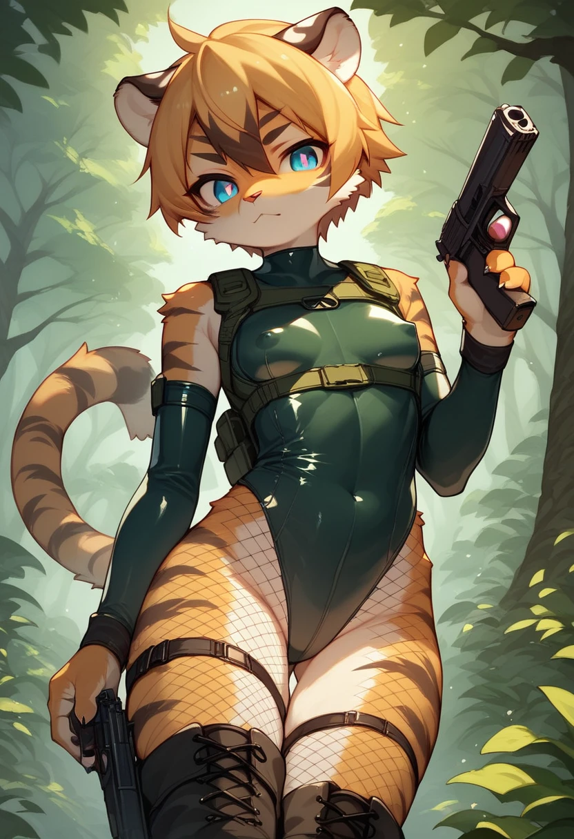 score_9, score_8_up) score_7_up, score_6_up, solo, tiger, kemono, anthro, cute, short hair, blue eyes, white pupils, sexy, orange fur, tactical harness, thigh high boots, assassin girl, (mesh body suit:1.2), leotard, small breasts, forest background, latex, pistol, nipple bulge,