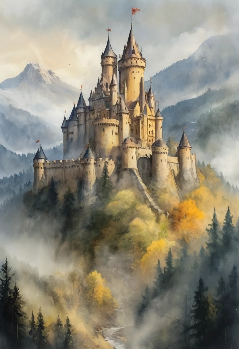 2D game scene, oil and watercolor painting, scenario, medieval golden castle, big tower in the middle, vapour, FOG, moutain, forest of trees in the background, (work of art:1.2), best qualityer