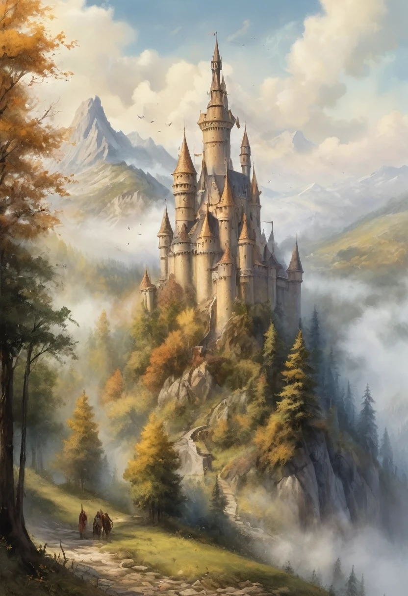 2D game scene, oil and watercolor painting, scenario, medieval golden castle, big tower in the middle, vapour, FOG, moutain, forest of trees in the background, (work of art:1.2), best qualityer