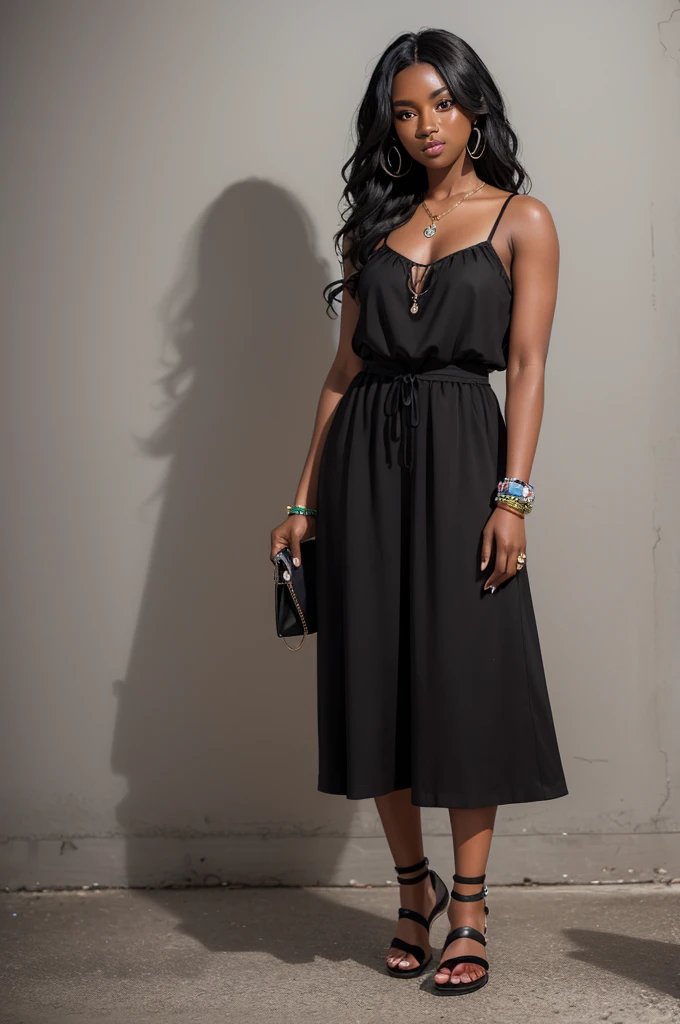 Character black wavy hair and large dark skin tone clothes glued black Kenner sandals on the foot Pandora bracelet and large black nails