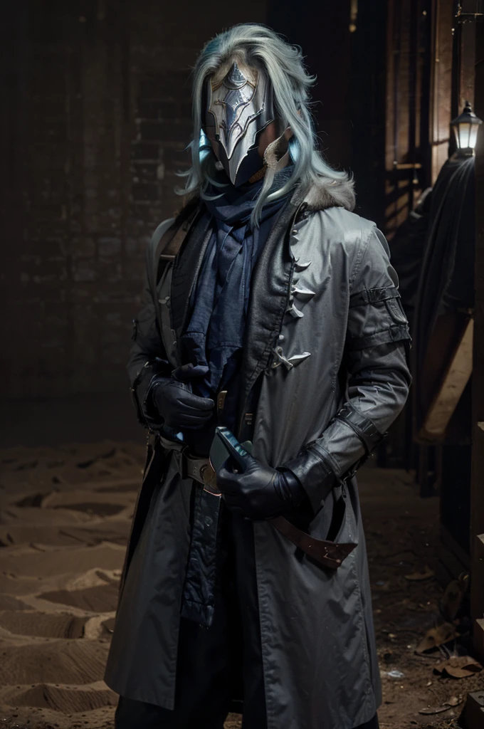 In realistic painting portrait of high quality and detail, Dottore (Genshin Impact), 2000's movie style, 1man, full body, 30-year-old man, sharp features, detailed face, evil smiling expression, He has long blue hair and wears a black pointed mask covering his eyes. He is wearing a white coat with silver inserts over a blue shirt and loose black trousers. There are a lot of black belts and blue details on the clothes. Dottore wears black fur, which is attached to the right shoulder pad, resembling a plague doctor mask, dark and moody lighting, portrait, contrasting colors, subtle shadows, mysterious atmosphere, outdoors, desert on the background, He's stands on dunes, (ultra-high detail:1.2), Masterpiece, Best Quality, Ultra-detailed, Cinematic lighting, 8K, delicate features, cinematic, 35 mm lens, f/1.9, highlight lighting, global lighting –uplight –v 4, Cinematic lighting, 8K, high quality, Highest Quality, (Solo Focus), (extremly intricate:1.3), (Realistic), masterful, Analog style, (Film grain:1.5), (warm hue, cold tone), Mystical powers, fantasy, Depth & Perspective, movie style, dark and mysterious atmosphere, 