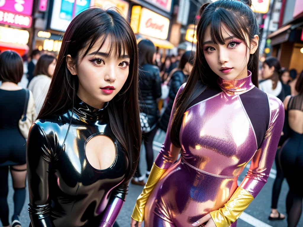 high quality, high resolution, Scenery of the city in Japan,One girl with many girls in the background,Spandex long sleeve super high leg leotard,The girl in the background is also wearing the same leotard.,Multicolored leotards,Wearing super shiny pantyhose,Brainwashing Makeup,Heavy makeup,Dark eyeshadow,Dark lipstick