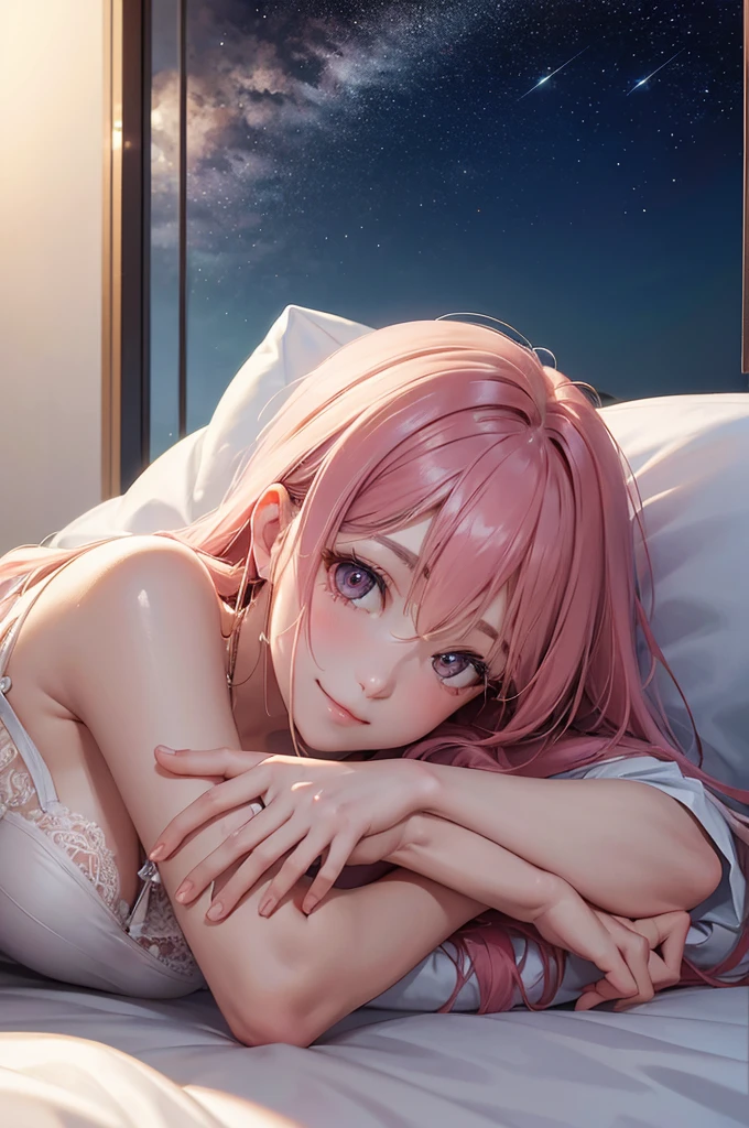 (Best Quality,High resolution,8K,finelity detailed background,Masterpiece:1.2),beautiful girl,Shiny pink hair,messy hair,Pink eyes,Gentle look,A refreshing look,Best quality,Best Quality,Aesthetic and aesthetic:1.2,Best details((Super detailed))(High-definition CG illustrations),Black underwear (gray,intricate lace),Slender body,night,night景,moon,Bedroom,On the bed,smile,blush,cute,Scrounge,Looking up,Being spoiled,super model,lie down