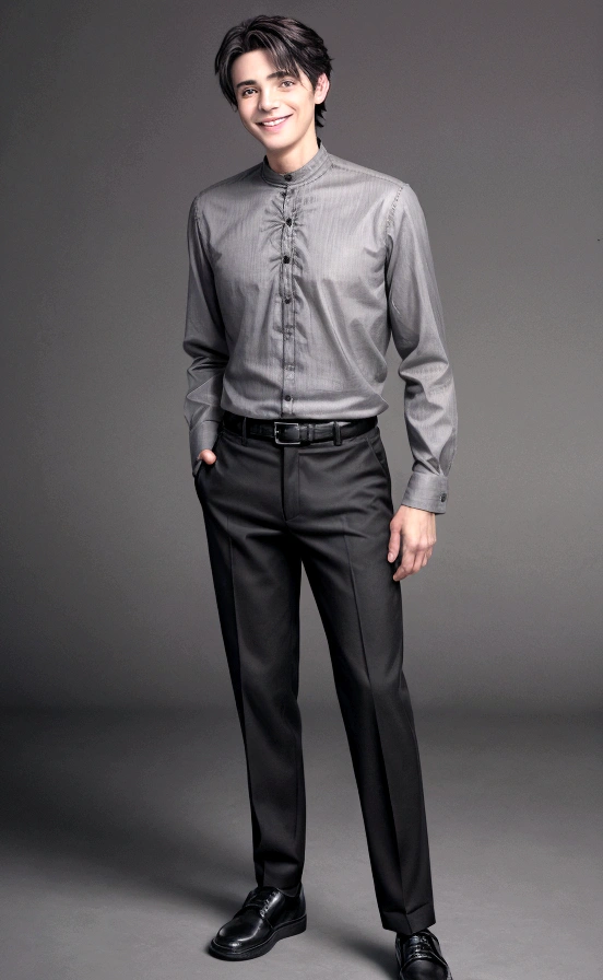 1 19 year old boy, gray blouse, black pants, DECENT CLOTHING, dark brown hair, the background is all gray, wearing black shoes, realisitic, Ablaze, standing, face detailed, very detailed image, beautiful smiling, ultra detaild, the background is all gray escuro, HD