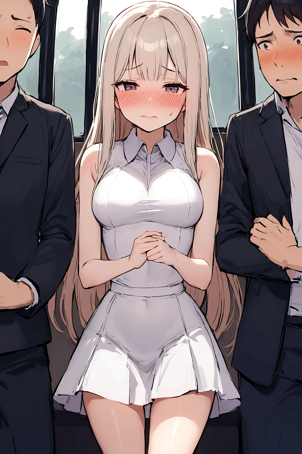 Beautiful 1.65m tall white-collar woman,Slim body,Long legs,Slim waist。Wearing a modest white collared skirt and satin top,There is a T-shaped skirt under the skirt to show the leg lines。Standing in a crowded bus,Blushing cheeks,Looking shy and embarrassed。The body is tightly squeezed,Being touched by a stranger,Appearing nervous