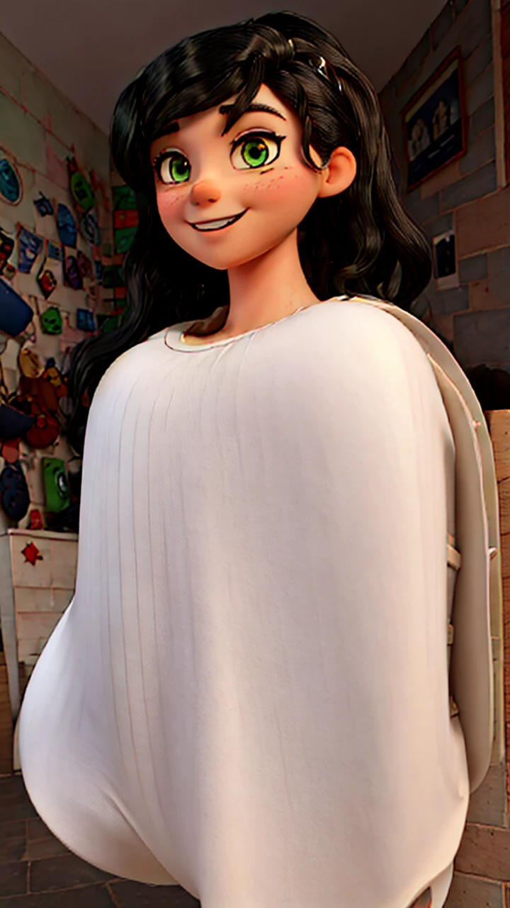 Woman, white skin, green eyes, black hair, wavy hair, straight hair, bangs, long hair, hair in the wind, cemetery at night, tight jeans, black boots, very low-cut blouse, white blouse, open jacket, red jacket, horror , great cleavage, smiling, looking at camera, red lips, athletic, bats in the sky, scary atmosphere, frontal shot. Alison Brie.