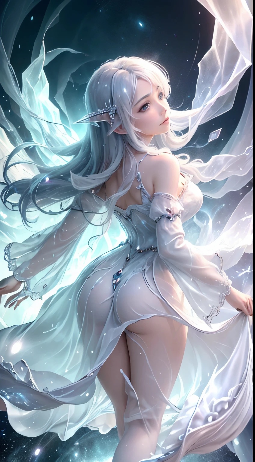 (masterpiece, Highest品質, Highest, Official Art, beautifully、aesthetic, exposed for a long time: 1.2), Smooth movement, Attractive patterns, 1 Girl, (Long dress with sleeves: 1.3), (((White clothes) )), Upper Body close-up, Bare shoulders, Chinese Girl, blush, Black lob hair, Portraiture, alone, Upper Body, Looking at the observer, Detailed Background, Detailed face, (Crystal AI, Crystal theme:1.1), Elemental Wind Elf, Rotating Wind, Controlling the Wind, White crystal clothes, Dynamic pose, Suspended particles, Mysterious Mechanics, whirlwind, vapor, whirlwind in the background, White Tone, whirlwind, Ethereal atmosphere,