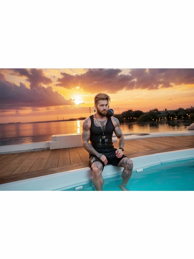 A strong man with short blond hair, with a well-groomed beard, sitting in a pool, with headphones around the neck, with black t-shirt, with black shorts and tattoos on the body