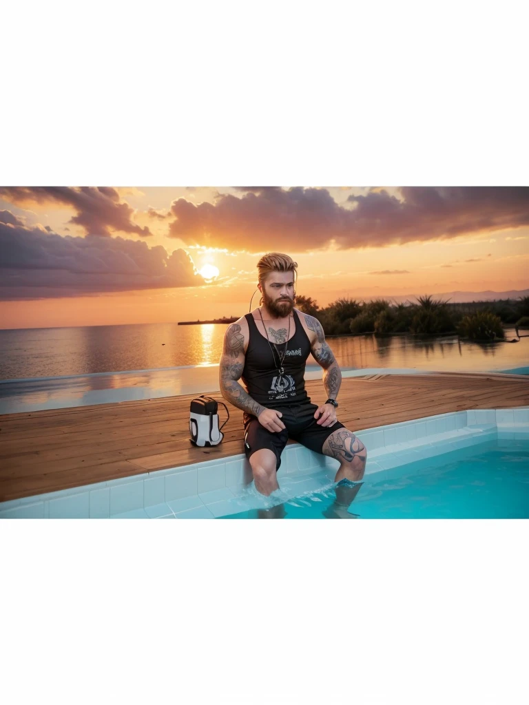 A strong man with short blond hair, with a well-groomed beard, sitting in a pool, with headphones around the neck, with black t-shirt, with black shorts and tattoos on the body