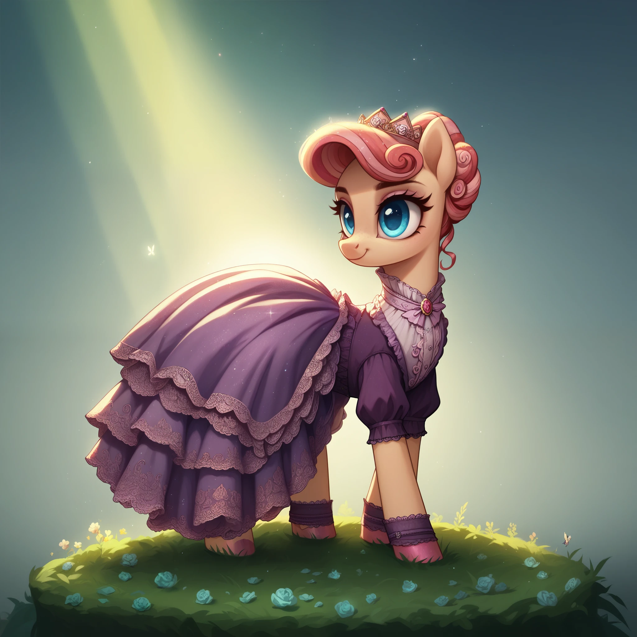score_9,score_8_up,score_7_up,score_6_up, cute royal pony, rococo fashion, glowing backlight, Victorian scene, glitter, whimsical, enchanted, magical, fantasy art concept, intricate details,