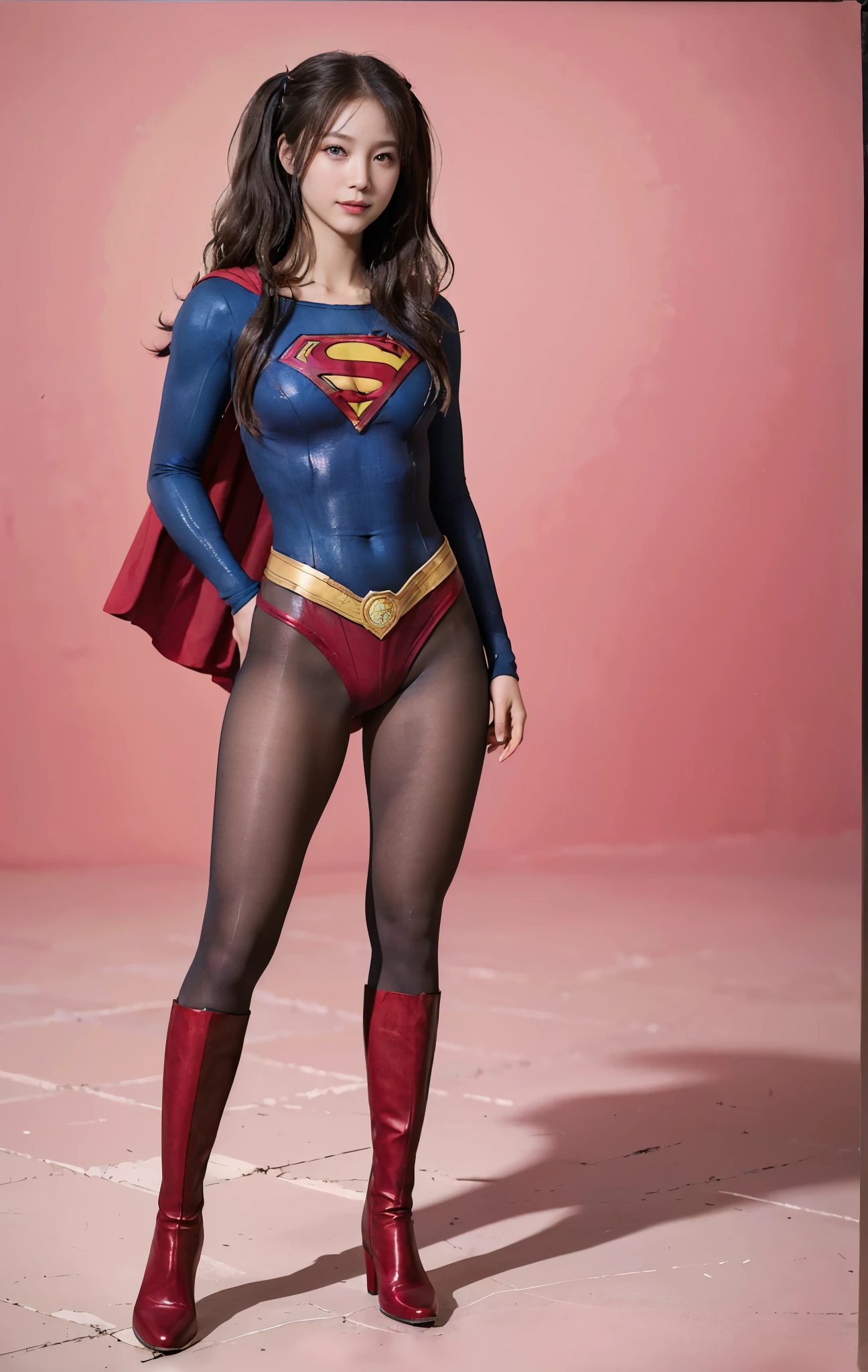 No background、(((Beautiful legs in black tights.)))、(((Legally express the beauty of your smile)))、((((Make the most of your original images)))、(((Supergirl Costume)))、(((Beautiful hair with twin tails)))、(((suffering)))、(((Please wear black tights....、Wear red boots)))、((Best image quality、8K))、((Highest quality、8K、masterpiece:1.3))、(((Preserve background )))、Sharp focus:1.2、Beautiful woman with perfect figure:1.4、Slim Abs:1.2、Wet body:1.5、Highly detailed face and skin texture、8K