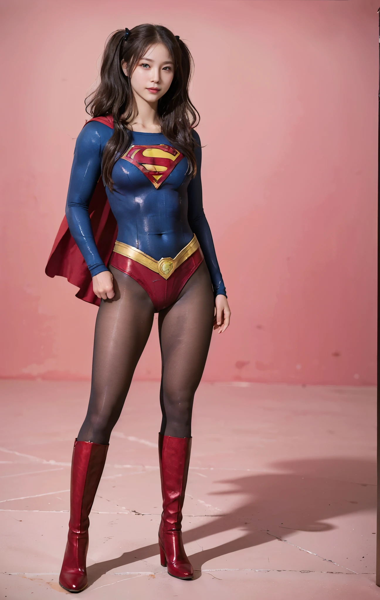 No background、(((Beautiful legs in black tights.)))、(((Legally express the beauty of your smile)))、((((Make the most of your original images)))、(((Supergirl Costume)))、(((Beautiful hair with twin tails)))、(((suffering)))、(((Please wear black tights....、Wear red boots)))、((Best image quality、8K))、((Highest quality、8K、masterpiece:1.3))、(((Preserve background )))、Sharp focus:1.2、Beautiful woman with perfect figure:1.4、Slim Abs:1.2、Wet body:1.5、Highly detailed face and skin texture、8K