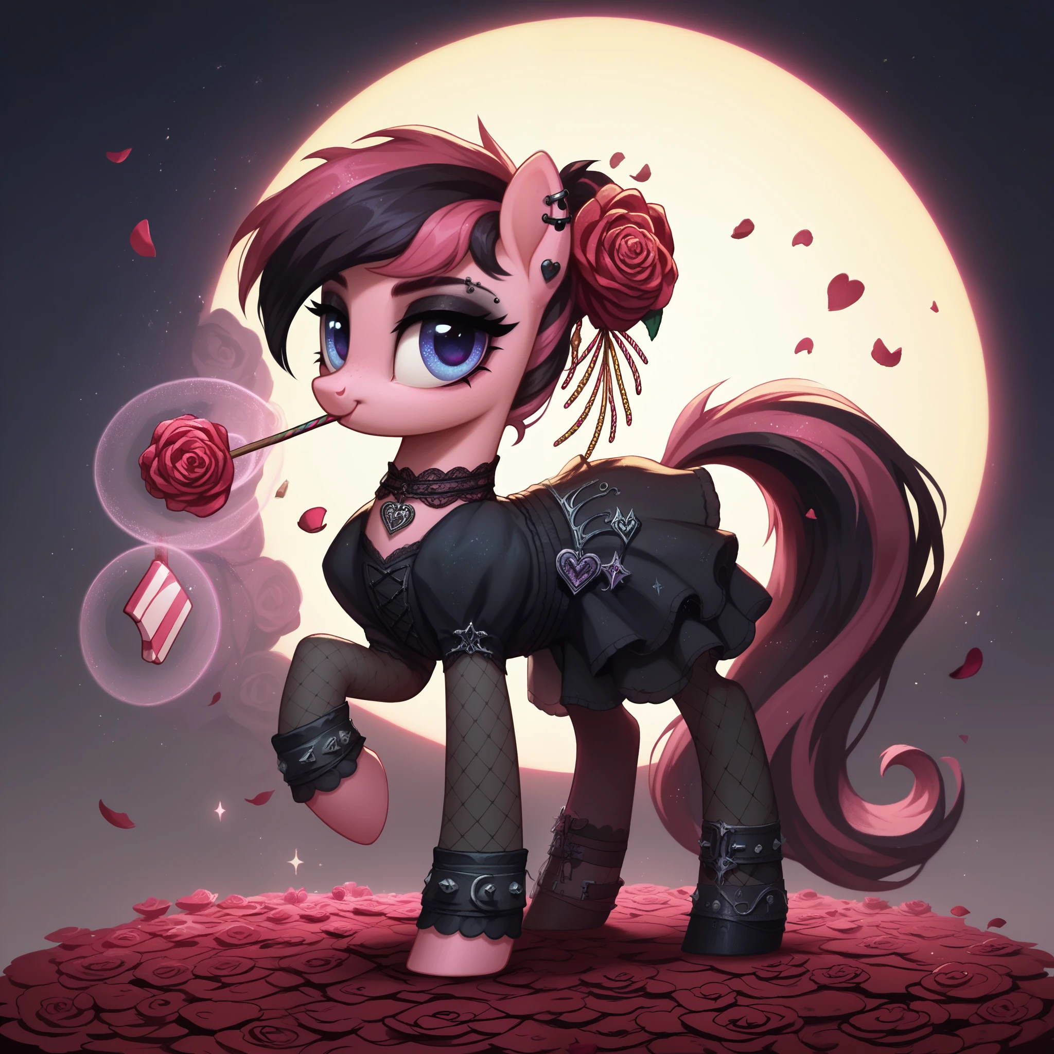 score_9,score_8_up,score_7_up,score_6_up, cute Rose pony, Goth fashion, glowing backlight, candy, pink scene, glitter, whimsical, enchanted, magical, fantasy art concept, intricate details,