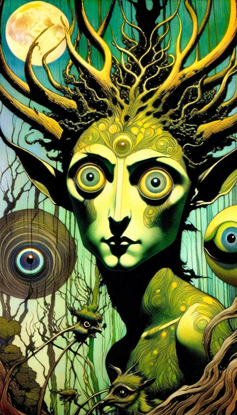 (scratch art style), (Arthur Rackham:1.3), (Paul Signac:1.4), (virgin forest:1.5), (Shinto:1.2), (eerie:1.2), (Giant Deer God:1.3), (three eyes:1.6), (smoke:1.2), roar, fearless smile, tattoo, swell, moss-covered, Flock of birds, moon, (perfect anatomy:1.3), ((master piece)), (ultra-detailed:1.2), (detailed light)(simple oil painting in a style to Bill Sienkiewicz)
