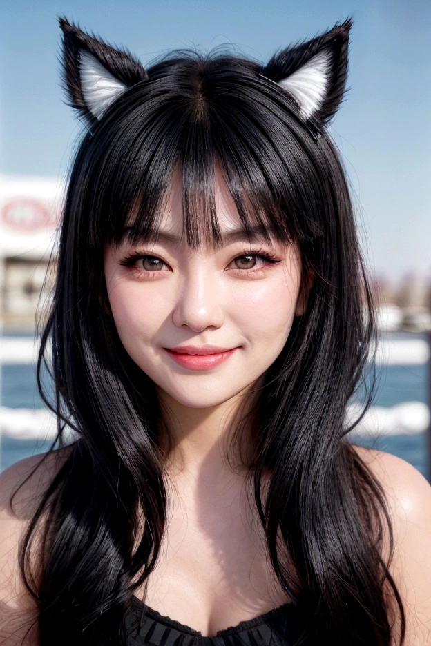 black hair, hair bobbles, wince, longeyelashes, solid circle eyes, fake animal ears, light smile, ear blush, fang, ccurate, Surrealism, drop shadow, anaglyph, stereogram, tachi-e, pov, atmospheric perspective, 8k, super detail, best quality