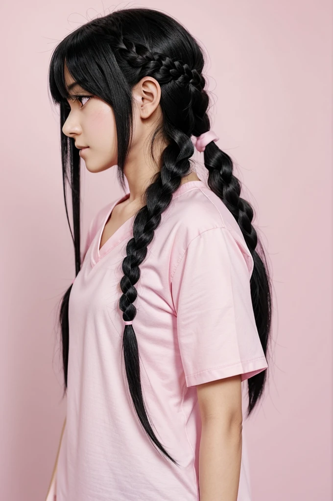anime girl, skin fair, long straight black hair in a single braid, pink eyes, pink t-shirt with white collar, white background with pink gradation, profile pic, in the style of the anime of Boruto Naruto Next Generetions, Not Studio Pierrot style 