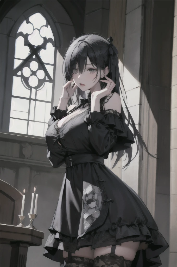 (pixiv masterpiece) absurdres, highres, ultra detailed
,bimbo,glossy, standing, cowboy shot, hand on own face, Chapel, hair over one eye, huge breasts, 
GothGal, a woman in a black and white dress,ribbon,lace,goth print, woman wearing a GothGal outfit  skinny  