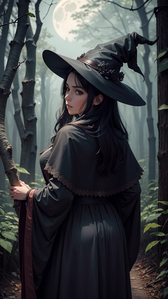 There is a beautiful witch with black hair and brown eyes, she wears a black cape and a witch's hat, she is in a forest at night, her back is to the full moon