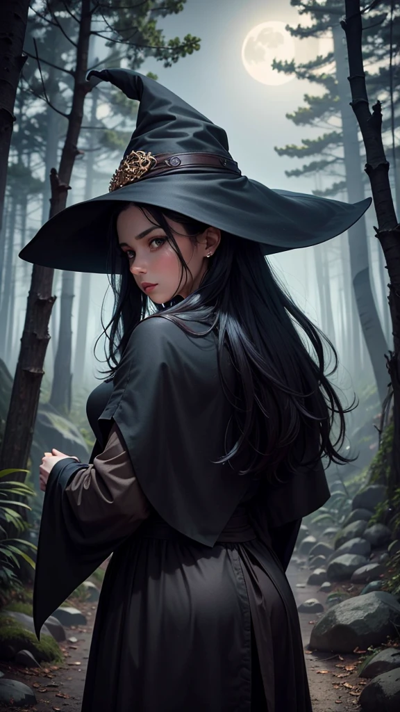 There is a beautiful witch with black hair and brown eyes, she wears a black cape and a witch's hat, she is in a forest at night, her back is to the full moon
