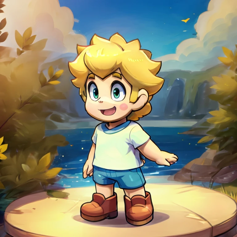 anime model of a blonde boy, With bright green eyes, dressed in a white shirt and blue jeans, Brown shoes, a beautiful and bright smile, a face as cute as that of a god and beautiful