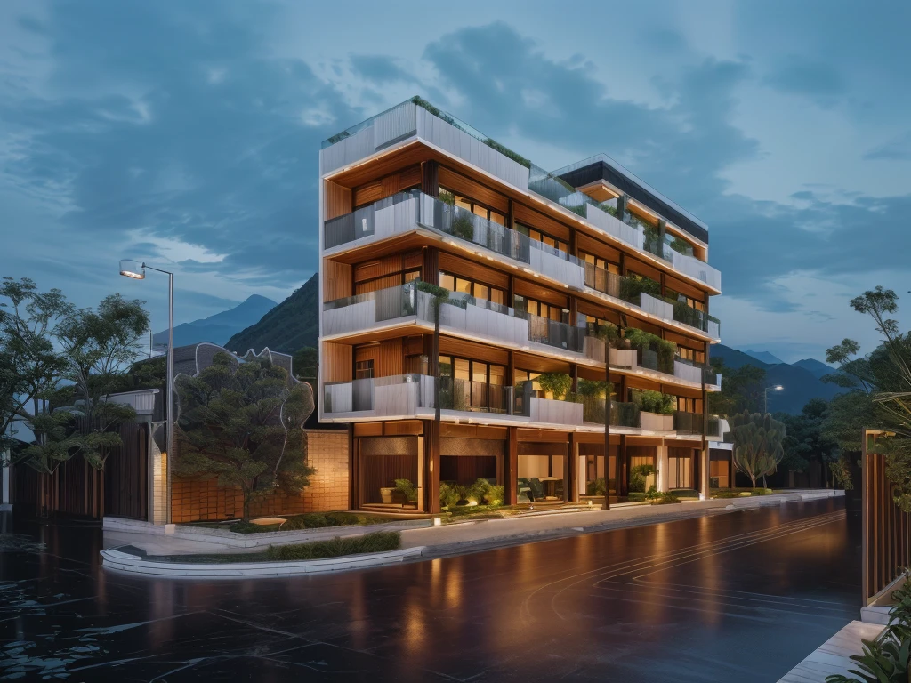 3D render of a beautiful house, Dark, gray tones, white wall. lumion render, night time render, insanely detailed rendering, realistic architecture, architectural visualization. The house is adorned with elegant lighting and plants to enhance its exterior appearance in a Vietnam city street. The staircase leading into the house is tiled with black marble and has bright LED lights. Behind are hills and mountains with clear blue sky. balcony with green plants. The main door is made of black aluminum and glass reaching up to the ceiling. Looking through the glass windows to look inside the house with luxurious interiors with luxurious and warm lights, interior lighting rendering and lighting effects. marble and wood and glass, dark and modern, luxcore render, taken with professional photography techniques, using a wide angle lens with bright natural light and high resolution details, in the style of professional photograph, hyper realistic, highly detailed.